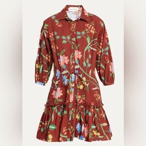 Cara Cara Robin Puff-sleeve Floral Poplin Mini Dress Rust Red Copper Brown Sz M